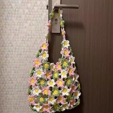 봄 여름 꽃무늬 니트 가방 DIY 재료 뜨개질 키트 수제 선물, (A848) 핑크 그린, 1개