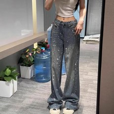 해피유통 여성 와이드핏 청바지 여름용 스트리트 패션 반짝이 포인트 데님 팬츠 캐주얼 스타일