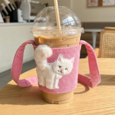 데일리앤코 고양이 자수 스트랩 컵홀더 핸즈프리 컵캐리어 뻬이따이, 1개, 핑크