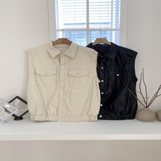 옷자락 여자 페이크레더 포켓 버튼 카라넥 밴딩 가죽 조끼