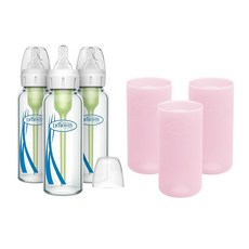 Dr. Brown's Natural Flow 배앓이 방지 옵션+ 좁은 유리 아기 젖병 226.8g(8온스)/250mL 레벨 1 슬로우 플로우 젖꼭지 포함 3팩 0m+ 핑크, Pink, 8 oz