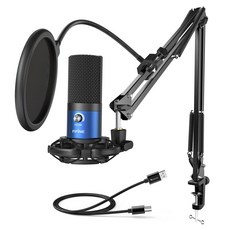 FIFINE 스튜디오 콘덴서 USB 마이크 조정 가능한 붐 암 스탠드가 있는 컴퓨터 PC 키트 악기용 충격 마운트, 02 파란색