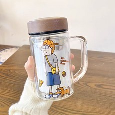 高硼硅雙層玻璃杯耐高溫帶蓋可愛卡通手柄水杯, 1個, 1L, 咖男孩:手柄雙層杯350ML