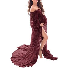 Saslax 부드럽고 신축성 있는 레이스 오프 숄더 더블 스플릿 A라인 스커트 임산부 드레스 임신 맥시 가운 사진 촬영용 와인.