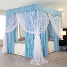 침대 암막 캐노피 공주풍 핑크 가림막 사각 체크 커튼 설치 1.2mx2.0mx1.95m 인, C. 블루 칸