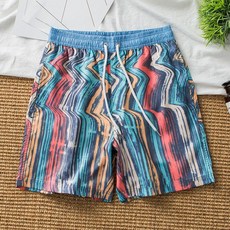 男士海邊沙灘褲 條紋印花 速乾可下水 寬鬆四分溫泉泳褲