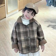 카라멜퍼체크코트 아동 체크 보아자켓 겨울 양털 안감 더블버튼 따뜻한 브라운 자켓
