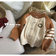 童趣小姐 童裝針織外套/毛衣外套 咖色拼接 中性童裝保暖外套 小童/中童 秋冬必備