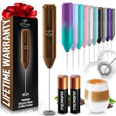 Zulay Kitchen 듀라셀 AA 배터리 2개가 있는 휴대용 우유 거품기 - 커피 라떼 카푸치노 말차 및 핫초콜릿용 전기 음료 믹서 - 휴대용 폼 메이커 및 커피 바, Froth Mate 배터리 2개 포함, 브라운