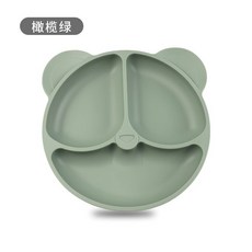 兒童輔食分格餐盤，食品級矽膠與304不鏽鋼材質，附吸盤防滑設計, 【耳朵餐盤170g】墨綠色, 1個