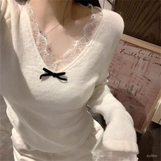 프렌치 스타일 배색 레이스 리본 장식 긴소매 티셔츠 여성용 가을 겨울 순수 섹시 스타일 슬림핏 체형 커버 이너 상의 트렌디