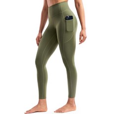 POSHDIVAH Creamluxe 여성용 주머니가 있는 요가 레깅스 63.5cm/71.1cm25인치/71.1cm28인치 하이 웨이스트 체육관 운동 라운지 팬츠 올리브 그린.