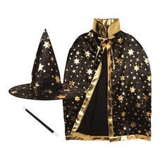 JL매직 별무늬 망토+모자+지팡이 마법사 의상 세트 할로윈 크리스마스 의상, 블랙, 1세트