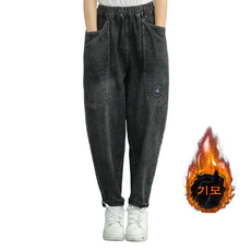 여성용 와이드 기모 데님 팬츠 밴딩 포켓 캐주얼 워싱 배기 청바지