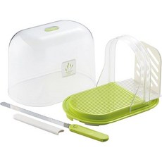 日本川崎多功能麵包保存盒切片導引折疊式麵包刀三件組，附透明蓋，日本原裝進口，輕鬆切片，保持麵包新鮮, 綠色, 1個