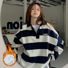 SAHINER 봄 여성용 스트라이프 카라 루즈핏 긴팔티 캐주얼 데일리 스포티 BWY19