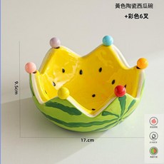 陶瓷橘子造型果碗, 黃色 - 西瓜果叉碗6叉, 1套