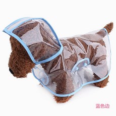 寵物雨衣 透明帶帽防水雨披, 藍色邊條,M 適合1.5-2.5KG, 1個