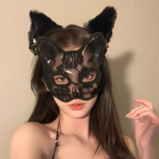 더바몰 시스루 레이스 망사 고양이 가면 캣 가면 복면 동물가면, 1개, 블랙