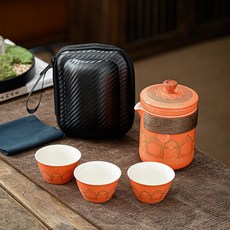 旅行茶具便攜式功夫茶具套裝日式戶外快客杯節日商務禮品贈送, 橙/古韻一壺三杯/小黑包, 如图, 1個