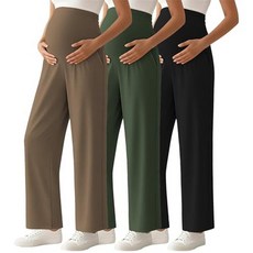 Ecavus 3팩 여성용 임산부 바지 오버 벨리 소프트 라운지 팔라초 팬츠 스트레치 와이드 레그 포켓 포함 블랙+다크 그레이+카키 S 190956