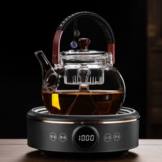 防爆高硼硅玻璃煮茶壺 電陶爐泡煮茶器 家用茶具套裝 加厚提梁燒水壺, 1個, R2白色抽水 胡桃木提梁壺,1L以上