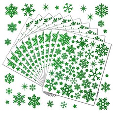 글리터 눈송이 스티커 440개 - 병 창문 노트북 저널 선물 포장 홈 데코 및 DIY 공예용 방수 비닐 데칼 10장 장식용 홀로그램 스티커(그린 글리터), 초록색