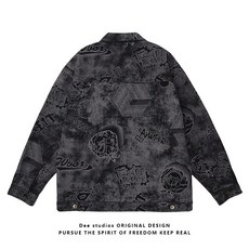 Dee studios HIPHOP거리 낙서 인쇄 중공업 데님 코트 남성과 여성의 봄 검은 재킷 조수