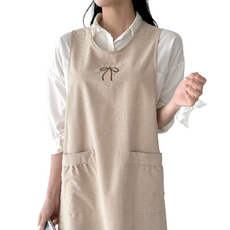 리본자수 빅사이즈 앞치마 단추형 예쁜 유치원 어린이집 원피스 선생님 보육교사 앞치마 린다스 에이프런샵, 1개, 빅/체크베이지