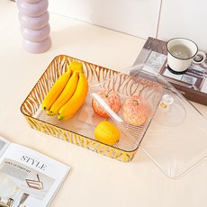 超大號帶蓋水果盤 塑料PET桌面水果盤子透明金邊長方形雜物收納盒果盤水果盤零食盤糖果盤茶幾置物盤, 長方形-奶白金,大號, 1個