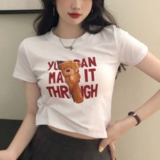 [오앤디샵] 티셔츠 포인트 곰돌이 크롭 프린팅 영문 여성 반팔