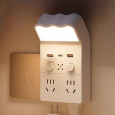 多功能插座轉換器，兩孔插座x2，USB-A x2，暖白光床頭燈, 1個