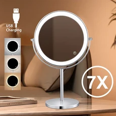 8인치 10X 돋보기 LED 메이크업 거울 3 색 라이트 스위치 양면 USB 충전 데스크탑 화장대, 01 8in 3 color USB 7X, 1개