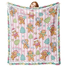 Zzkol 크리스마스 진저브레드 맨 플란넬 담요 핑크 트리 스트라이프 담요 선물 어린이 남성 및 여성용 재미있는 겨울 홀리데이 부드러운 침구 소파용 127 x 152.4cm