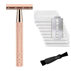 로본 재사용 가능한 더블 엣지 안전 면도기 남성용 싱글 블레이드 면도날 10 개 금속 DE, Rose Gold