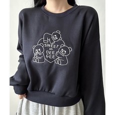 비토샵 여성 스위트 베어 곰돌이 자수 기모 루즈핏 세미 크롭 맨투맨