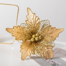 【台灣發貨】聖誕手工花 24CM絲網亮片聖誕樹裝飾花 聖誕樹配件, 金色, 1個
