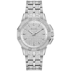 Bulova 여성용 크리스탈 옥타바 스테인리스 스틸 3핸드 쿼츠 시계 크리스탈 베젤 및 다이얼 스타일: 96L305 실버 옥타바 쿼츠 실버톤 스테인리스 스틸 팔찌 크리스탈, Bulova 여성용 크리스탈 옥타바 스테인리스 스틸 3