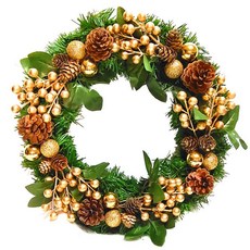 摩達客耶誕 台灣製歐風典雅14吋聖誕花圈 金球果松果福臨圈 (免組裝/台灣設計手工藝製), 1個