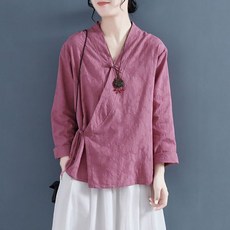 ORZQU 여성 봄 여름 면마 자카드 패션 저고리 블라우스 긴팔 셔츠 캐주얼 루즈핏 생활한복 개량한복