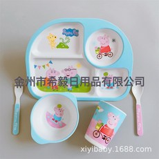 竹纖維兒童餐具套裝 創意卡通飯碗 寶寶分格餐盤 禮品餐具五件套, 1個, 佩奇-展示盒:長方形
