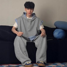 【復古拼接】假兩件背心 闊腿衛褲 中性風套裝 美式復古 小眾設計 男女同款 春秋穿搭 街頭潮流 休閒運動