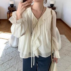 핏몬 여성 브이넥 프릴 로맨틱 쉬폰 봄 여름 블라우스
