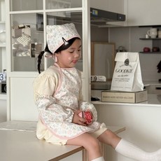 돗투돗 방수 앞치마 두건 토시 3종세트 L 5~8세용, 플라워 베베바니(인디핑크) - L
