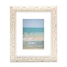 WYNCO 20.3x25.4cm(8x10인치) 디스트레스드 우드 엠보싱 스크롤 모티프 빈티지 앤티크 러스틱 픽처 프레임 12.7x17.8cm(5x7인치) 사진용 화이트 매트, 8 x 10 in, 오프 화이트