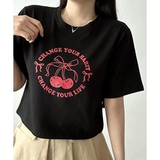 비토샵 여성용 체리 프린팅 크롭 반팔티 루즈핏 데일리티