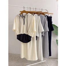 세트 로브링 배색 후드 반팔 밴딩 절개 팬츠(4color)