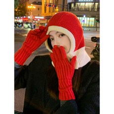 紅色巴拉克拉法帽子女款秋冬新款加厚保暖護耳套頭帽防寒手套一體, 1個, M（56-58cm）,咖啡色手套
