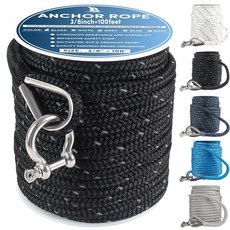 VEITHI 보트 앵커 로프 45.7m(150피트) x 1cm(3/8인치) 네이비 블루 스테인리스 스틸 골무 및 걸쇠가 있는 이중 브레이드 라인 견인 계류 데크 앵커링, 블랙(반사 스트립 포함)_171470