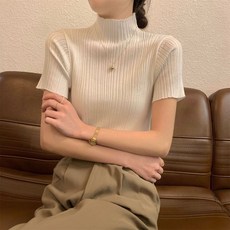 韓版氣質素色高領短袖針織上衣 別緻設計感坑條打底T恤 正肩版型夏季顯瘦百搭